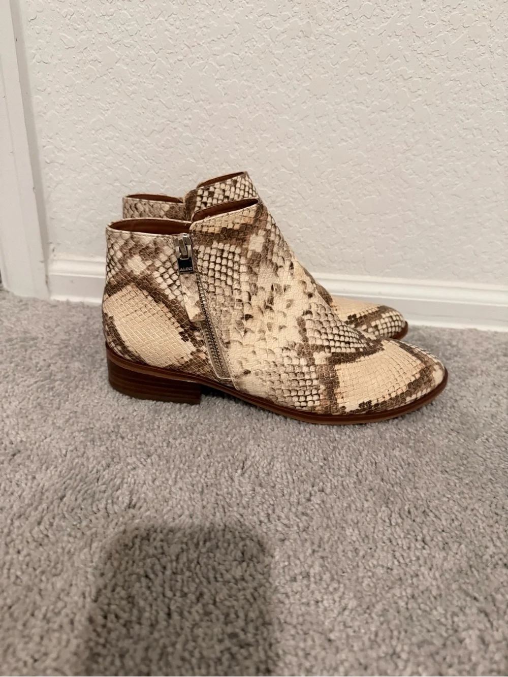 Aldo Women’s Snake-Print Ankle Boots in Beige and Brown 7.5